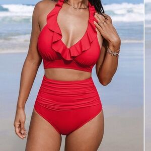 Cupshe Size Small High Rise Slim Sculpt swim Bottom RED NWT FAST Ship!
